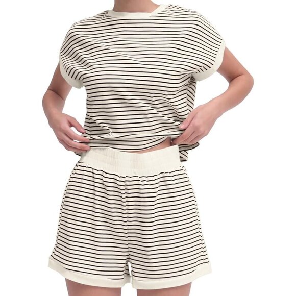 Women White Stripe Knit Lounge Set,Two Piece Set Matching Set Shorts Sleepwear - Picture 4 of 6